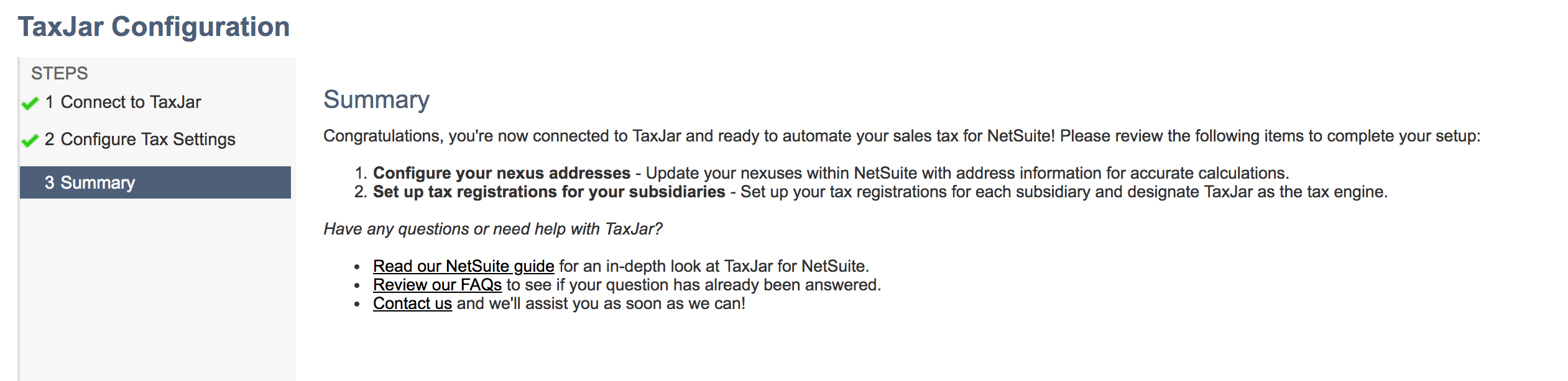 TaxJar Configuration Summary